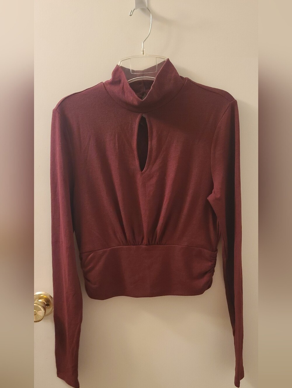 Brea Caynon Burgundy Long-Sleeve Mock Neck Top with Keyhole and Back-Button Neck